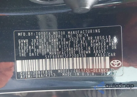 2015 Toyota Corolla Le из США, поврежденный, VIN 5YFBURHE5FP200159